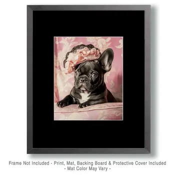 French Bulldog Puppy in Pink Hat - Pet Dog Still Life Wall Art Prints – 8″x10″ Artwork for 11″x14″ Frame