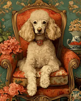 Poodle in Red Chair - Pet Dog Still Life Wall Art Prints – 8″x10″ Artwork for 11″x14″ Frame
