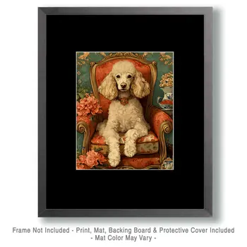 Poodle in Red Chair - Pet Dog Still Life Wall Art Prints – 8″x10″ Artwork for 11″x14″ Frame