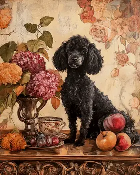 Black Poodle Portrait - Pet Dog Still Life Wall Art Prints – 8″x10″ Artwork for 11″x14″ Frame