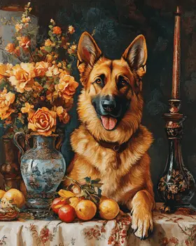 German Shepherd and Vase - Pet Dog Still Life Wall Art Prints – 8″x10″ Artwork for 11″x14″ Frame