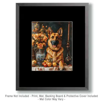 German Shepherd and Vase - Pet Dog Still Life Wall Art Prints – 8″x10″ Artwork for 11″x14″ Frame