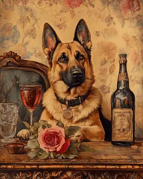 German Shepherd with Wine - Pet Dog Still Life Wall Art Prints – 8″x10″ Artwork for 11″x14″ Frame