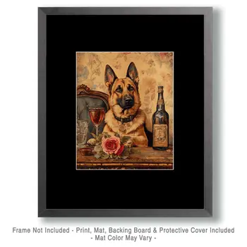 German Shepherd with Wine - Pet Dog Still Life Wall Art Prints – 8″x10″ Artwork for 11″x14″ Frame