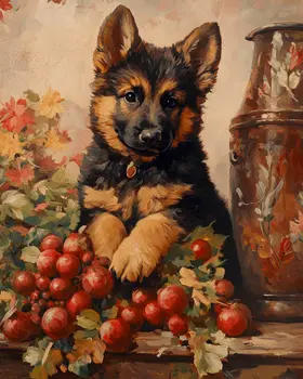 Happy German Shepherd Puppy - Pet Dog Still Life Wall Art Prints – 8″x10″ Artwork for 11″x14″ Frame