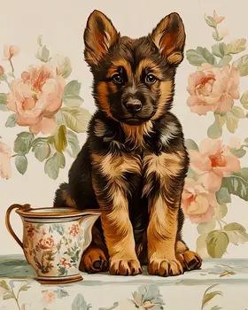 German Shepherd Puppy with Picher - Pet Dog Still Life Wall Art Prints – 8″x10″ Artwork for 11″x14″ Frame