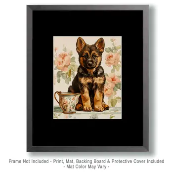 German Shepherd Puppy with Picher - Pet Dog Still Life Wall Art Prints – 8″x10″ Artwork for 11″x14″ Frame