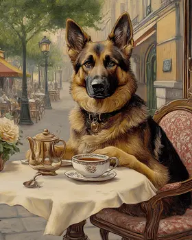 German Shepherd at Paris Cafe - Pet Dog Still Life Wall Art Prints – 8″x10″ Artwork for 11″x14″ Frame