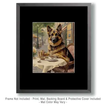 German Shepherd at Paris Cafe - Pet Dog Still Life Wall Art Prints – 8″x10″ Artwork for 11″x14″ Frame