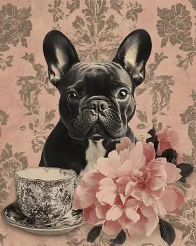 Pink with Brindle French Bulldog - Pet Dog Still Life Wall Art Prints – 8″x10″ Artwork for 11″x14″ Frame