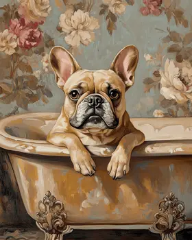 Fawn French Bulldog in Bathtub - Pet Dog Still Life Wall Art Prints – 8″x10″ Artwork for 11″x14″ Frame