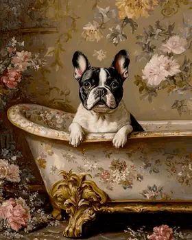 Brindle French Bulldog in Bathtub - Pet Dog Still Life Wall Art Prints – 8″x10″ Artwork for 11″x14″ Frame