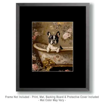 Brindle French Bulldog in Bathtub - Pet Dog Still Life Wall Art Prints – 8″x10″ Artwork for 11″x14″ Frame
