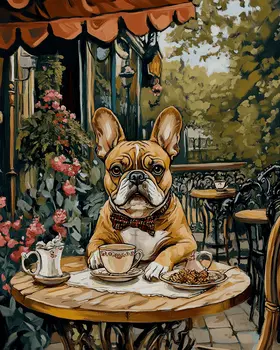 Fawn French Bulldog at Paris Cafe - Pet Dog Still Life Wall Art Prints – 8″x10″ Artwork for 11″x14″ Frame