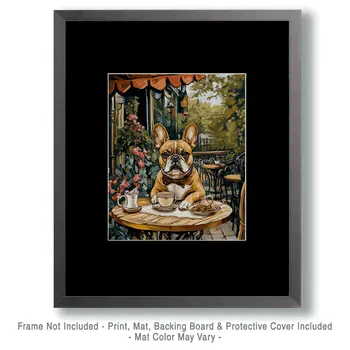 Fawn French Bulldog at Paris Cafe - Pet Dog Still Life Wall Art Prints – 8″x10″ Artwork for 11″x14″ Frame