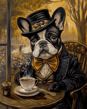 Brindle French Bulldog at Paris Cafe - Pet Dog Still Life Wall Art Prints – 8″x10″ Artwork for 11″x14″ Frame