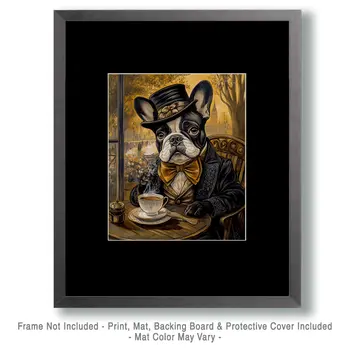 Brindle French Bulldog at Paris Cafe - Pet Dog Still Life Wall Art Prints – 8″x10″ Artwork for 11″x14″ Frame