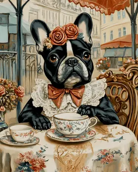 Lady Brindle French Bulldog at Paris Cafe - Pet Dog Still Life Wall Art Prints – 8″x10″ Artwork for 11″x14″ Frame