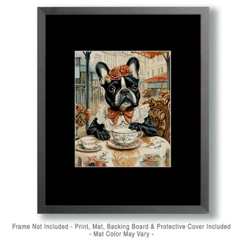 Lady Brindle French Bulldog at Paris Cafe - Pet Dog Still Life Wall Art Prints – 8″x10″ Artwork for 11″x14″ Frame