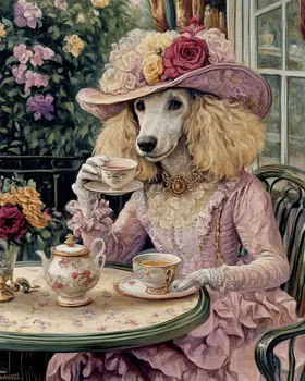 Lady Poodle at Paris Cafe - Pet Dog Still Life Wall Art Prints – 8″x10″ Artwork for 11″x14″ Frame
