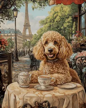 Poodle at Paris Cafe - Pet Dog Still Life Wall Art Prints – 8″x10″ Artwork for 11″x14″ Frame