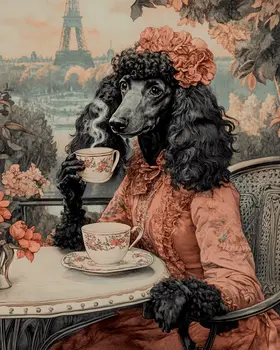 Fine Lady Poodle at Paris Cafe - Pet Dog Still Life Wall Art Prints – 8″x10″ Artwork for 11″x14″ Frame