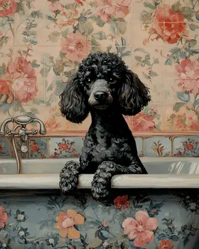Poodle in Bathtub - Pet Dog Still Life Wall Art Prints – 8″x10″ Artwork for 11″x14″ Frame