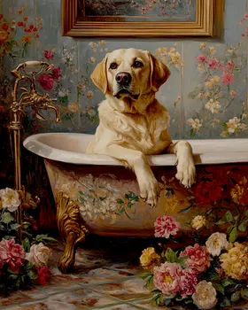 Labrador Retriever in Bathtub - Pet Dog Still Life Wall Art Prints – 8″x10″ Artwork for 11″x14″ Frame