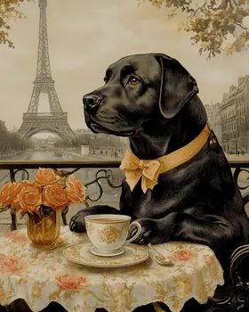 Black Labrador Retriever at a Paris Cafe - Pet Dog Still Life Wall Art Prints – 8″x10″ Artwork for 11″x14″ Frame