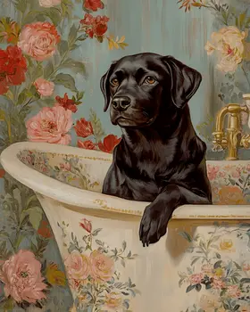 Black Labrador Retriever in Bathtub - Pet Dog Still Life Wall Art Prints – 8″x10″ Artwork for 11″x14″ Frame