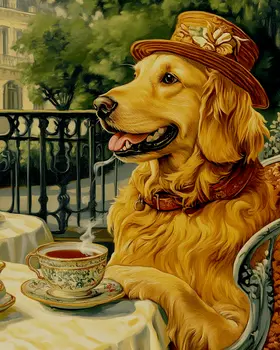 Lady Golden Retriever at a Paris Cafe - Pet Dog Still Life Wall Art Prints – 8″x10″ Artwork for 11″x14″ Frame