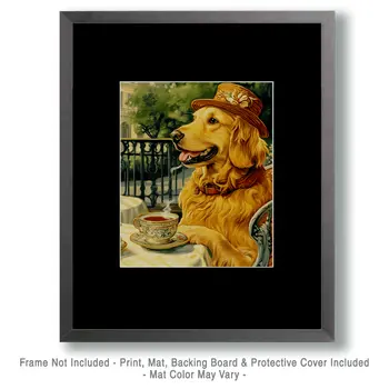 Lady Golden Retriever at a Paris Cafe - Pet Dog Still Life Wall Art Prints – 8″x10″ Artwork for 11″x14″ Frame