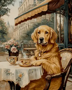 Golden Retriever at a Paris Cafe - Pet Dog Still Life Wall Art Prints – 8″x10″ Artwork for 11″x14″ Frame