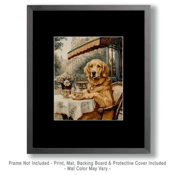 Golden Retriever at a Paris Cafe - Pet Dog Still Life Wall Art Prints – 8″x10″ Artwork for 11″x14″ Frame