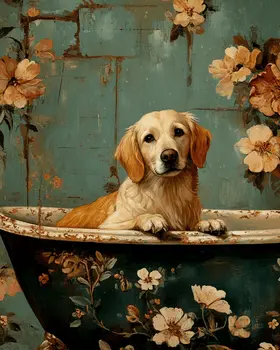 Golden Retriever Puppy in a Bathtub - Pet Dog Still Life Wall Art Prints – 8″x10″ Artwork for 11″x14″ Frame