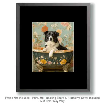 Border Collie in Bathtub - Pet Dog Still Life Wall Art Prints – 8″x10″ Artwork for 11″x14″ Frame