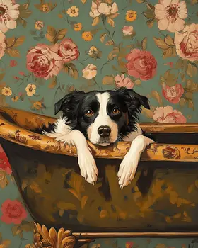 Border Collie Puppy in Bathtub - Pet Dog Still Life Wall Art Prints – 8″x10″ Artwork for 11″x14″ Frame
