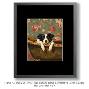 Border Collie Puppy in Bathtub - Pet Dog Still Life Wall Art Prints – 8″x10″ Artwork for 11″x14″ Frame