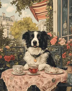 Border Collie at Paris Cafe - Pet Dog Still Life Wall Art Prints – 8″x10″ Artwork for 11″x14″ Frame
