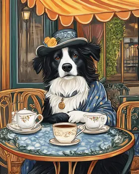 Lady Border Collie at Paris Cafe - Pet Dog Still Life Wall Art Prints – 8″x10″ Artwork for 11″x14″ Frame