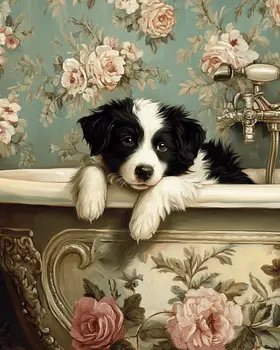 Young Border Collie Puppy in Bathtub - Pet Dog Still Life Wall Art Prints – 8″x10″ Artwork for 11″x14″ Frame