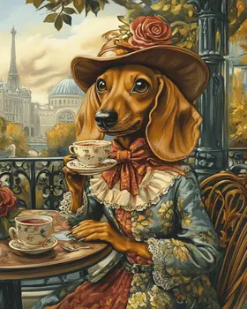 Lady Dachshund at Paris Cafe - Pet Dog Still Life Wall Art Prints – 8″x10″ Artwork for 11″x14″ Frame