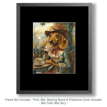 Lady Dachshund at Paris Cafe - Pet Dog Still Life Wall Art Prints – 8″x10″ Artwork for 11″x14″ Frame
