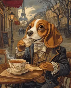 Beagle at Paris Cafe - Pet Dog Still Life Wall Art Prints – 8″x10″ Artwork for 11″x14″ Frame