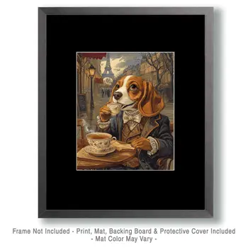 Beagle at Paris Cafe - Pet Dog Still Life Wall Art Prints – 8″x10″ Artwork for 11″x14″ Frame