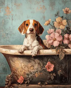 Beagle in Bathtub - Pet Dog Still Life Wall Art Prints – 8″x10″ Artwork for 11″x14″ Frame