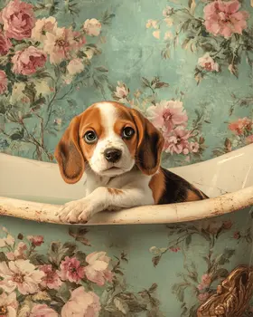 Beagle Puppy in Bathtub - Pet Dog Still Life Wall Art Prints – 8″x10″ Artwork for 11″x14″ Frame