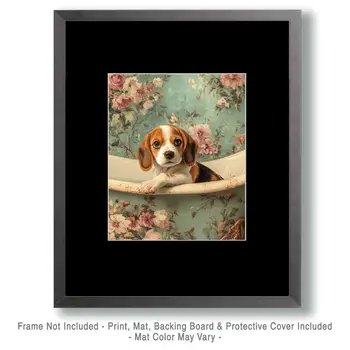 Beagle Puppy in Bathtub - Pet Dog Still Life Wall Art Prints – 8″x10″ Artwork for 11″x14″ Frame