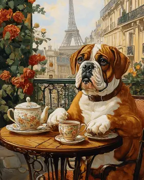 Bulldog at Paris Cafe - Pet Dog Still Life Wall Art Prints – 8″x10″ Artwork for 11″x14″ Frame