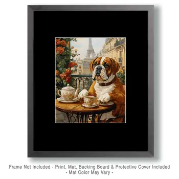 Bulldog at Paris Cafe - Pet Dog Still Life Wall Art Prints – 8″x10″ Artwork for 11″x14″ Frame